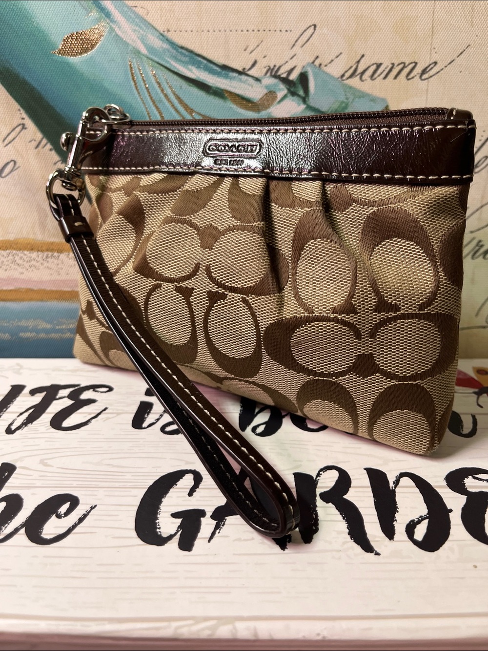 Coach Khaki & Brown Signature Canvas Wristlet